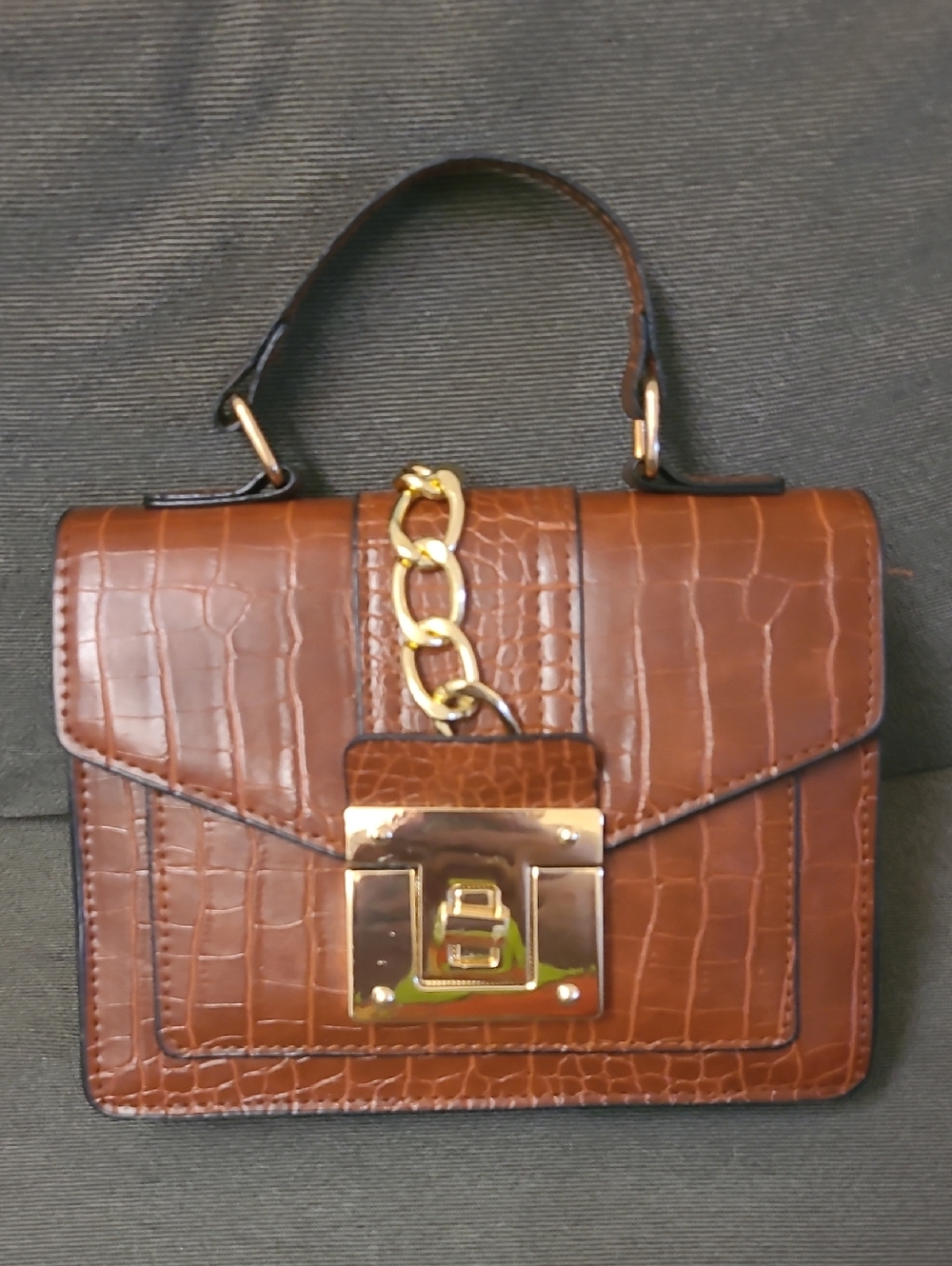 Brown Croc-Embossed Top Handle Bag with Gold Chain Accent